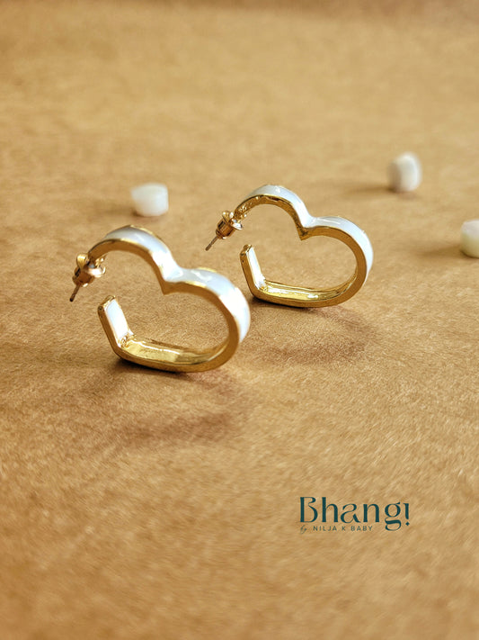 Heart-Shaped Gold Hoop Earrings with White Enamel