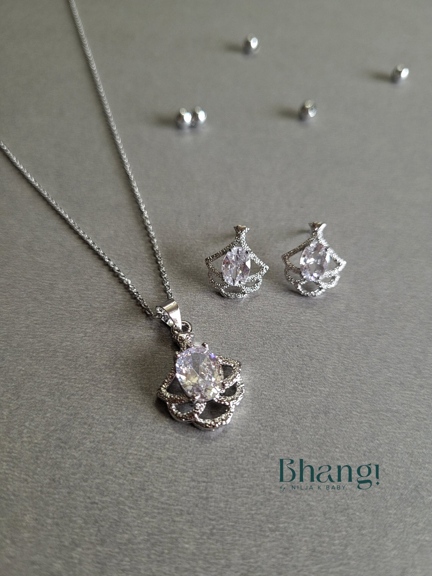 Bhangi Silver Petal Pendant Necklace and Earrings Set