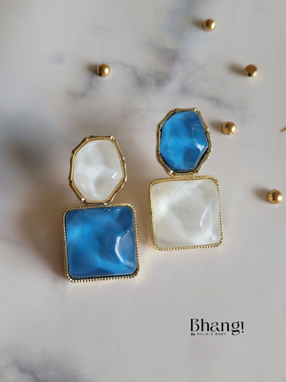 Blue and White Stone Geometric Earrings