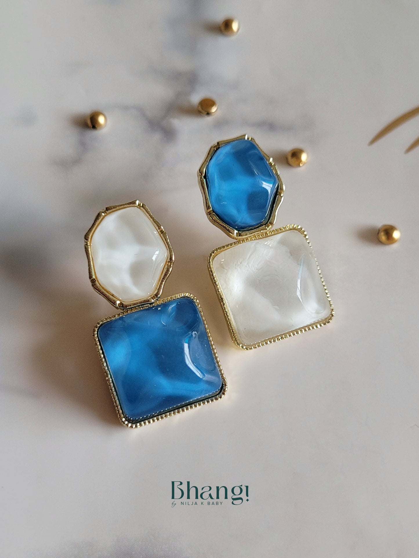 Blue and White Stone Geometric Earrings