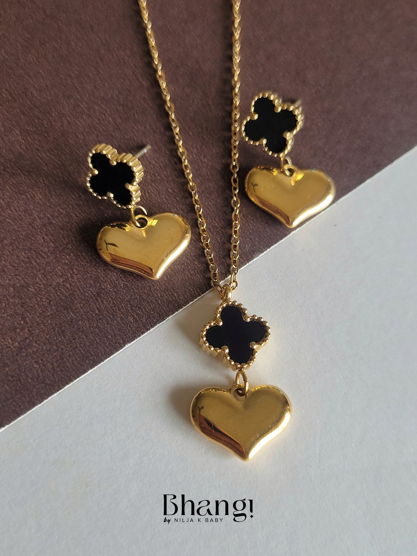 Bhangi Gold-Tone Heart and Clover Necklace and Earrings Set