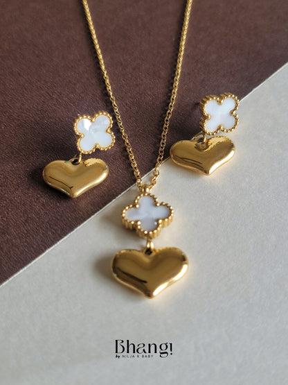 Bhangi Gold-Tone Heart and Clover Necklace and Earrings Set