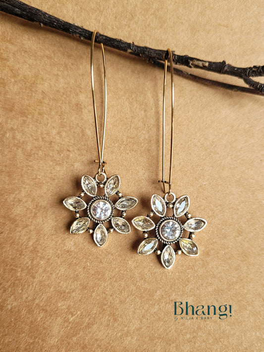 Floral Shaped Long Hook Earings With White Stone