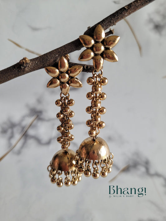 Antique Gold Floral Jhumka Earrings